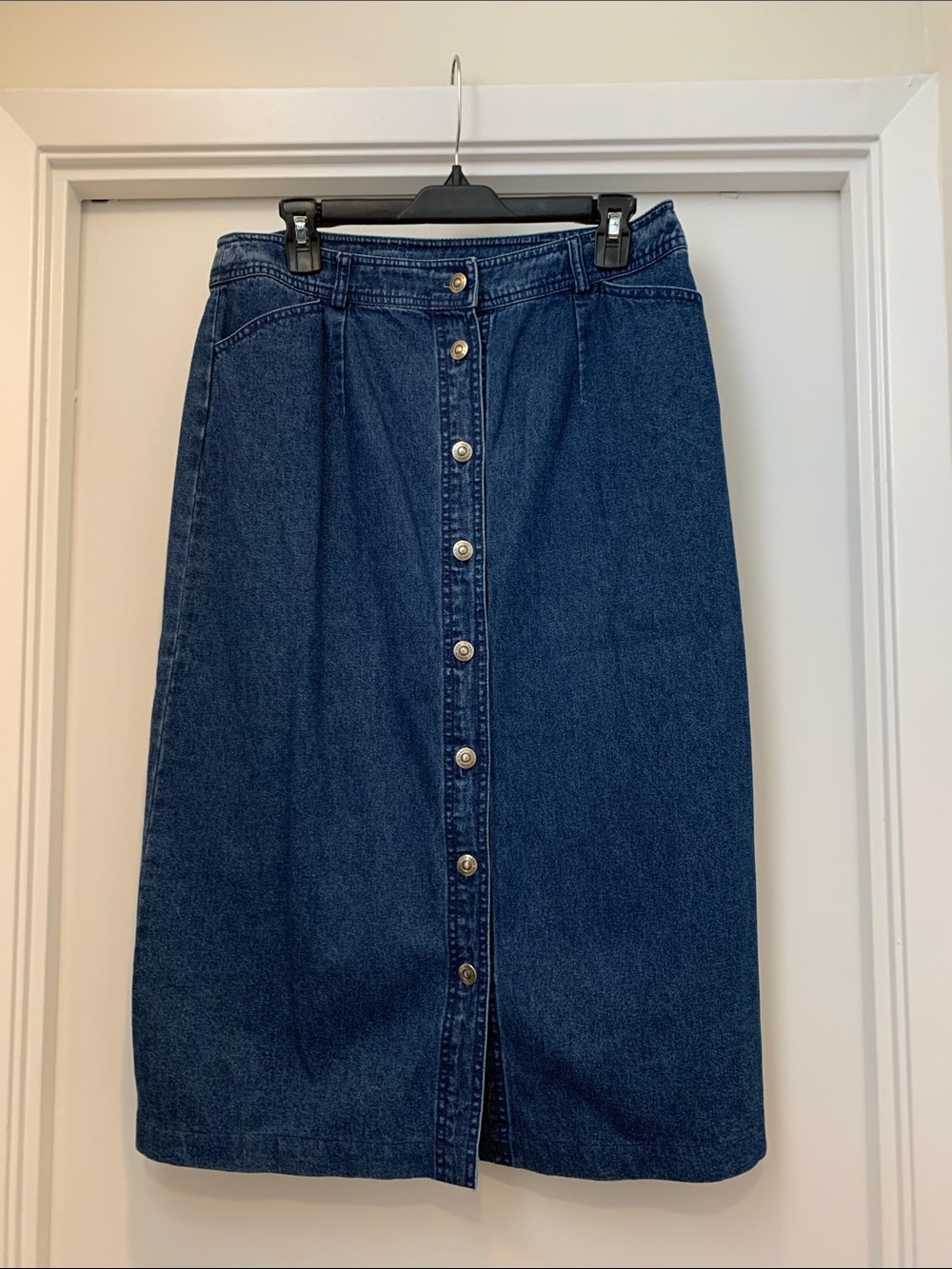 Button-Front Dark Blue Denim Midi Skirt